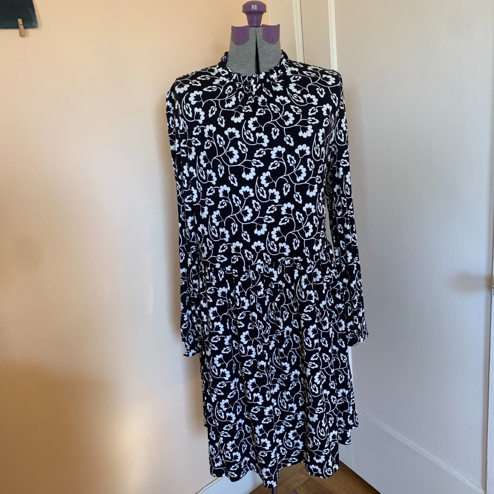Boden Black White Floral Long Sleeve Ruffle Neck Jersey Dress US 12R